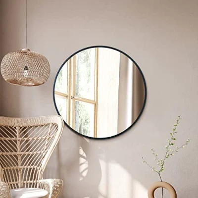 Image of MirrorOutlet The Fenestra Black edged Modern Round Circular Wall Mirror 31&quot; X (80CM 80CM) Silver Glass with Metal Frame