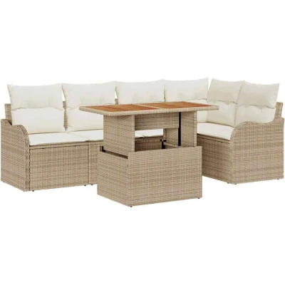 Image of vidaXL 6 Piece Garden Sofa Set with Cushions Beige Poly Rattan Acacia