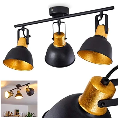 Image of Ceiling lamp Borik, Metal in Black/Gold,3 Flame, with Adjustable spotlights, 3 x E14 Socket, spot Retro/Vintage Design, Without Light Bulb, Bulb