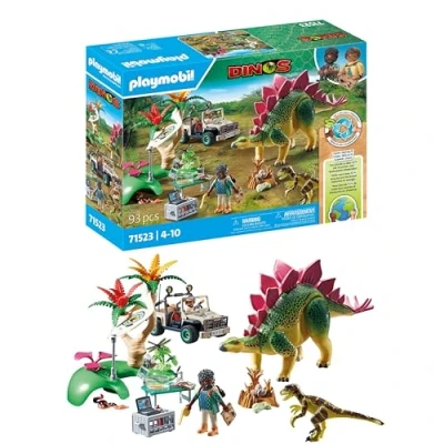 Image of Playmobil 71523 Dinos: Research Camp with Dinos, thrilling explorer tour the researchers, including walkie talkie, microscope, and dino eggs, sustainable play sets suitable for children ages 4+