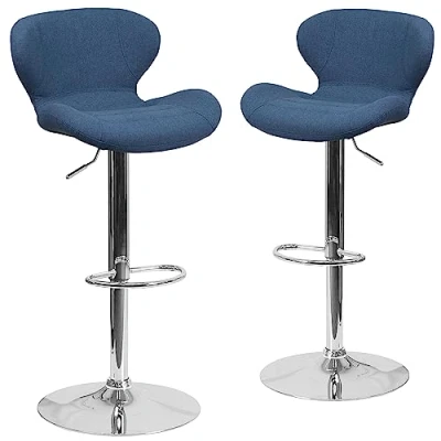 Image of Flash Furniture 2 Pack Contemporary Vinyl Adjustable Height Barstool with Curved Back and Chrome Base, Foam, Plywood, Metal, Blue Fabric, Set of