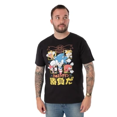 Image of SONIC THE HEDGEHOG Mens T Shirt Japanese Manga Comic Short Sleeve Graphic Tee for Adults Black Top Gamers Lightweight Fashion Crewneck Gaming Merchandise Gift Him