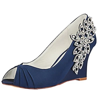 Image of Emily Bridal Wedding Shoes Mother of The Bride Peep Toe Bow Wedge (EU39/UK6, Dark Blue)