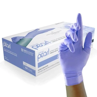Image of Unigloves Sapphire Pearl Nitrile Examination Gloves Multipurpose, Powder Free and Latex Disposable Box of 100 Gloves, Sapphire, Medium (GP0083)