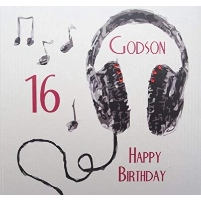 Image of white cotton cards Handmade Godson 16 Happy Headphones 16th Birthday Card, White, SB54 gd16