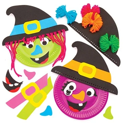 Image of Baker Ross AW785 Witch Plate Decoration Kit Pack of 4, Halloween Sticky Craft Set for Ki, Assorted