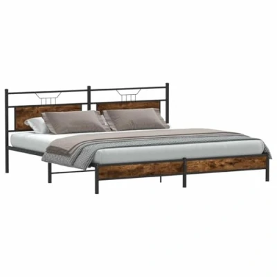 Image of vidaXL Metal Bed Frame Smoked Oak 193x203 cm Durable Steel, Extra Storage, w/Headboard
