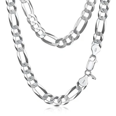Image of Amberta Unisex 925 Sterling Silver Flat Figaro Chain Necklace: Width 0.77 cm Length 50 cm/20 in
