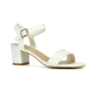 Image of ESSEX GLAM Womens Ankle Strap Sandals Ladies Mid Low Block Heel Strappy Peep Toe White Synthetic Leather Party Shoes Size 8