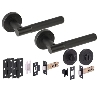 Image of HANDLEZONE® Vida Grip Door Handles on Rose Bathroom Deadbolt Pack with Standard Turn Set, 76mm Lock and Latch, 75mm Ball Bearing Hinges Black Matt