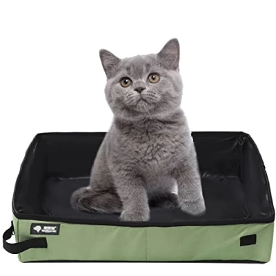 Image of Foldable Cat Travel Litter Tray, XXL Portable Box 50 x 40 cm, Large, Waterproof, Easy to Clean for Kitten Indoor Outdoor Camping Toilet, Green
