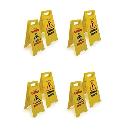 Image of FOUR PACK CAUTION WET FLOOR SIGN CLEANING IN PROGRESS YELLOW WARNING CONE UK