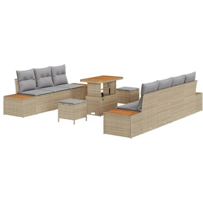 Image of vidaXL 10 Piece Garden Sofa Set with Cushions Beige Poly Rattan Acacia