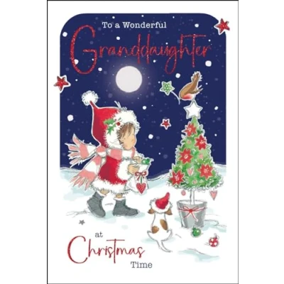 Image of Granddaughter Christmas Card Wonderful Girl and Tree Artistic Festive Design Special Finishes Illustrated Insert Leaf Made in the UK