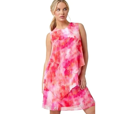 Image of Roman Petite Womens Abstract Tiered Chiffon Shift Dress Pink Size 16 UK