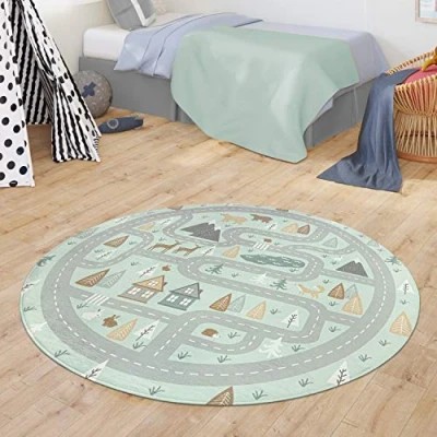 Image of Kids Rug Children&#039;s Baby Mat Road Motif Animals Forest House Boy, colour:Teal Turquoise, Size:Ø 150 cm Round