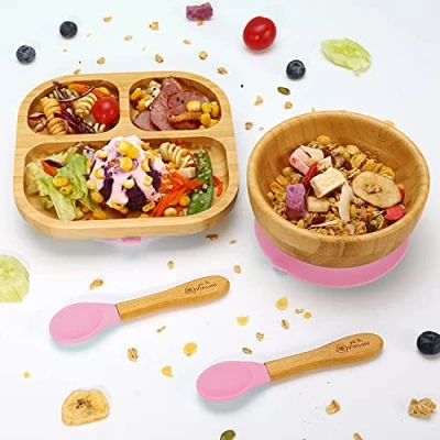 Image of Vinsani Bamboo Bowl, Square Plate and Spoon Set for Baby/Toddler, Suction Plate, Stay Put Design, Hypoallergenic BPA Free (Pink)