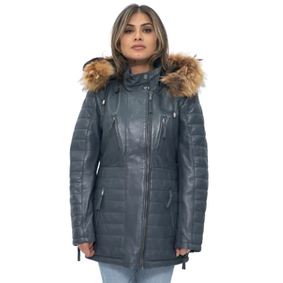 Image of Women&#039;s Navy Leather Parka Jacket Quilted Detachable Hooded Trench Coat 2XL