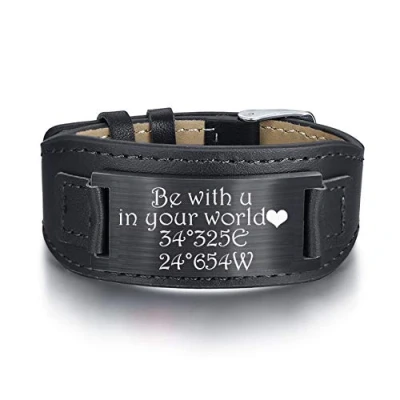 Image of KAULULU Personalised Medical Alert Leather Bracelets for Mens Womens Stainless Steel Adjustable Band Emergency Bracelet With Engrave ID Text and Symbol Gift Father Boyfriend M (#1)