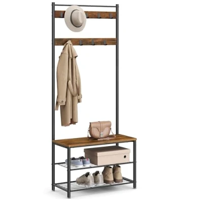 Image of VASAGLE Coat Rack, Hallway Cabinet, Cloakroom, Clothes with Bench and Shoe Shelves, Hooks, Metal Frame, Height 175 cm, Industrial Style, Rustic Brown Black HSR41BX