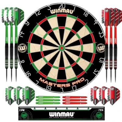 Image of Winmau Darts Masters Pro Premium Bristle Dartboard Set Includes Dart Board, Darts, Flights, Shafts and Oche Strip Professional Steel Tip for Adults