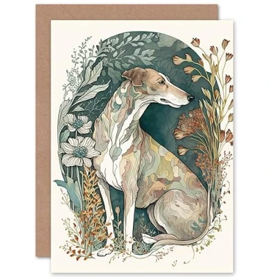 Image of Artery8 Greyhound Dog in Flower Field Modern Pastel Boho Watercolour Illustration Art Birthday Sealed Greeting Card Plus Envelope Blank inside