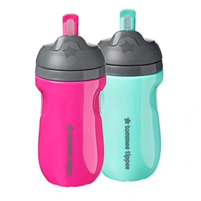 Image of Tommee Tippee Insulated Straw Cup for Toddlers, Spill Proof, 260ml, 12m+, Pack of 2, Pink and Mint