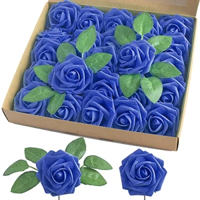Image of homEdge Artificial Rose, 25pcs Foam Flowers with Stem for Home Decorations, Wedding Bouquets, Party, Certerpieces, Anniversaries Royal Blue
