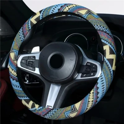 Image of Istn 2018 Ethnic Style Coarse Flax Cloth Automotive Steering Wheel Cover Anti Slip and Sweat Absorption Auto Car Wrap (L, 15&#039;&#039;(fit for mostly cars))