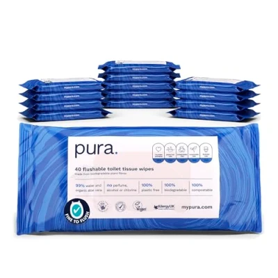 Image of Pura Flushable Moist Toilet Tissue Wipes, 14 x 40 Wipes per pack (560 Wipes) 100% Plastic Free, 99% Water Washlets, Certified Fine to Flush Biodegradable, Compostable, Vegan, Gentle, Clean, Wet