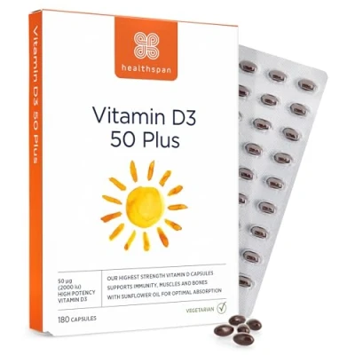 Image of Healthspan Vitamin D3 50 Plus (180 Capsules) Ideal for Anyone Over Super Strength Immune Health Bone, Teeth &amp; Muscle Contains 2,000iu of Natural Per Tablet Vegetarian