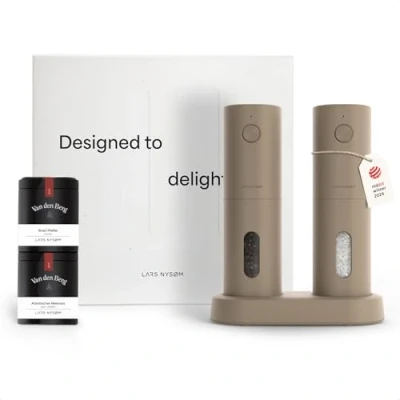 Image of LARS NYSØM Electric Spice Mills &amp; Spices Gift Set Salt and Pepper with 2 high Quality Jars (Salt, Pepper) Beautiful Box (Taupe Brown)