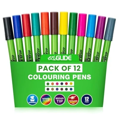 Image of Eziglide colouring Pens 12 Pack Broad Felt Tips, Assorted Pens, Smooth Fibre Nib, Bright Colours for Paper, Card, Adult books, Art &amp; Crafts, School, Work Home Stationery Supplies