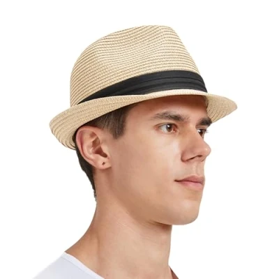 Image of Zylioo Large Straw Hats for Big Heads, Trilby Fedora Roll up Jazz Beach Hat Mens Holiday Sun Protection