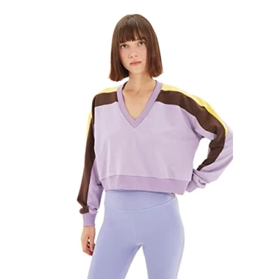 Image of Trendyol Women&#039;s V neck Colorblock Regular Sweatshirt, Lila, L UK