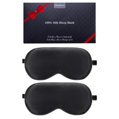 Image of BeeVines Silk Sleep Mask, 2 Pack Mulberry Eye Mask with Adjustable Strap, Sleeping Aid Blindfold for Nap, Shade Cover, 100% Blocks Light Reduces Puffy Eyes Gifts Christmas (Black)
