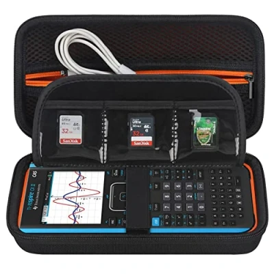 Image of Elonbo Carrying Case for Texas Instruments TI Nspire CX II CAS/CX II/CX/CX CAS Color Graphing Calculator, Extra Zipped Pocket Fits Charging Cable, Charger, Manual, Black+Orange