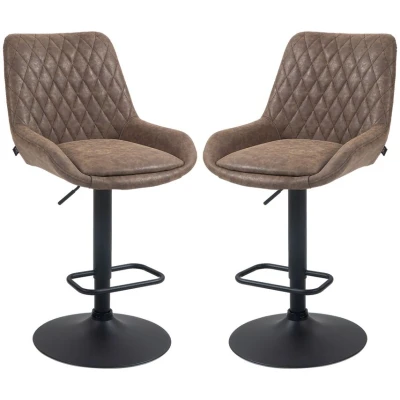 Image of HOMCOM Breakfast Bar Stools Set of 2 with 51x40cm Wide Seat, Height Adjustable Kitchen Counter Chairs, Retro Swivel Upholstered Barstools Back, Footrest and Steel Base, Coffee