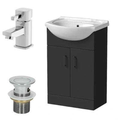 Image of Affine® 560mm Bathroom Vanity Unit Ceramic Sink Floorstanding Storage Cabinet Cupboard &amp; Misa Basin Tap Waste Set, Matt Black