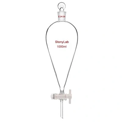 Image of StonyLab PTFE Stopcock Separatory Funnel 1 L, Borosilicate Glass Heavy Wall Conical Pear Shaped Separation with 24/29 Joint