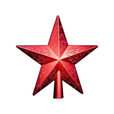 Image of HEITMANN DECO Plastic Christmas Tree Topper Modern Star for Red with Glitter, 20 x 19 cm