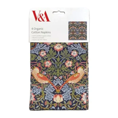 Image of Cloth Napkins Set of 4 Organic Cotton Strawberry Thief by William Morris Artistic V&amp;A Design Reusable Tableware
