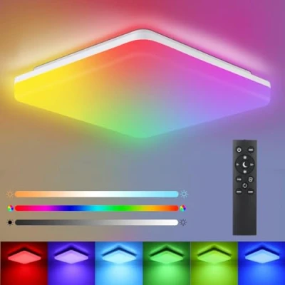 Image of LED Ceiling Light Colour Changing with Remote Control, 24W 2400LM RGB Dimmable 7 Colours, IP54 Square Bathroom for Living Room, Bedroom, Lights