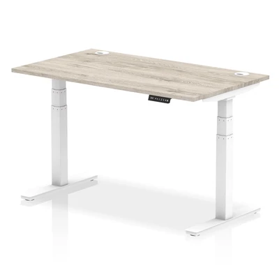 Image of Air 1400x800mm Height Adjustable Desk Grey Oak Cable Ports White Leg