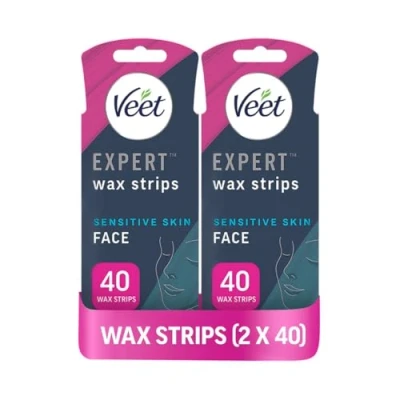 Image of Veet Expert Cold Wax Strips, Hair Removal, Face, Sensitive Skin, 40 Strips each, 4 Finish Wipes, with Almond Oil, Pack of 2
