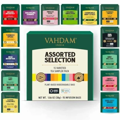 Image of VAHDAM, Tea Variety Pack (15 Flavors, 15 Pyramid Bags) Gluten Free, Non GMO Sampler Gift Set Black Tea, Green Oolong Chai Herbal Gifts for Women &amp; Men