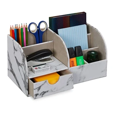 Image of Relaxdays Desk Organiser, Office, with Drawer and 6 Compartments, Merble Look, HWD: 14.5 x 28 14.5cm, Pen Holder, Grey