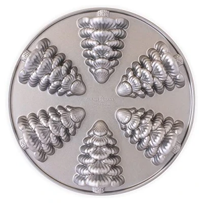 Image of Nordic Ware Evergreen Cakelet Pan, Christmas Baking Tin, Cast Aluminium Cake Muffin Tray for Mini Cakes, Made in The USA, Colour: Silver