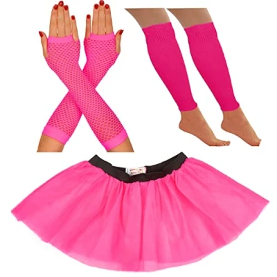 Image of 80s Fancy Dress for Women Neon tutu Skirt costume Party Accessories 1980s Costumes Leg Warmers Fishnet Gloves Rave Retro Outfit (14 22 UK, Pink)