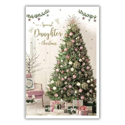 Image of ICG Special Daughter Christmas Card Pink Tree Embossed with Foil Details